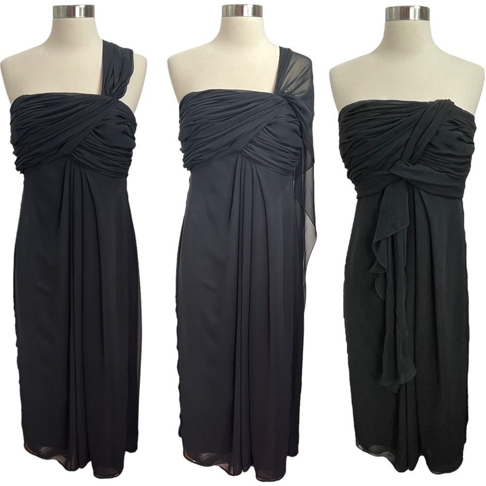 Vintage Black Chiffon Pleated Bust Strapless Midi Dress With Long Shoulder Sash